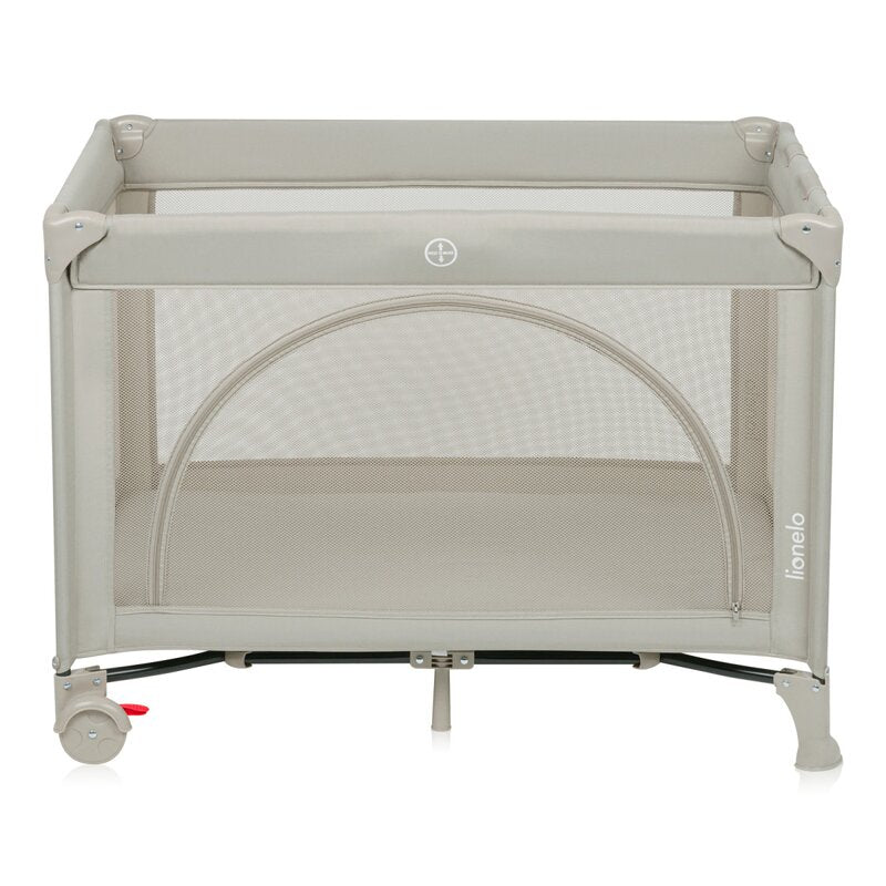 Patut pliant, Lionelo, Laura, 102 x 74 cm, Cu doua nivele, Functie de tarc, Cu roti, Include salteluta si geanta de transport, Pereti din plasa, Deschidere laterala, Pana la 15 kg, 0 luni +, Bej