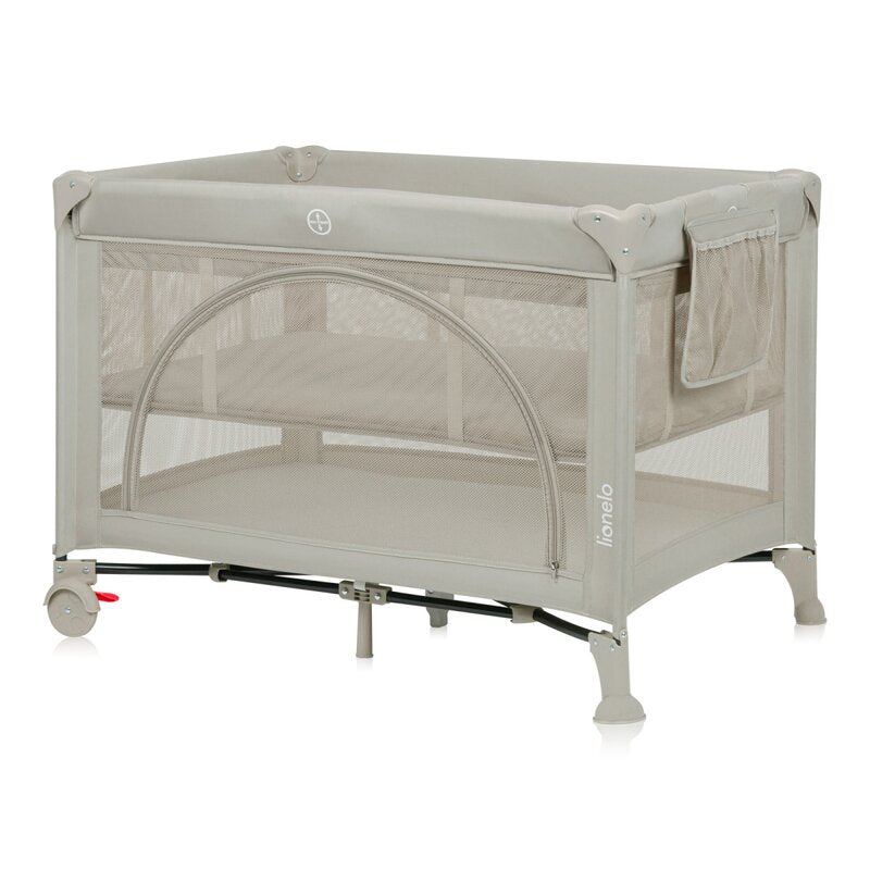 Patut pliant, Lionelo, Laura, 102 x 74 cm, Cu doua nivele, Functie de tarc, Cu roti, Include salteluta si geanta de transport, Pereti din plasa, Deschidere laterala, Pana la 15 kg, 0 luni +, Bej