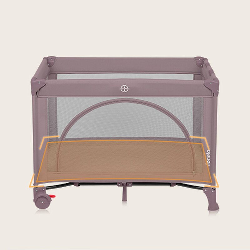 Patut pliant, Lionelo, Laura, 102 x 74 cm, Cu doua nivele, Functie de tarc, Cu roti, Include salteluta si geanta de transport, Pereti din plasa, Deschidere laterala, Pana la 15 kg, 0 luni +, Roz