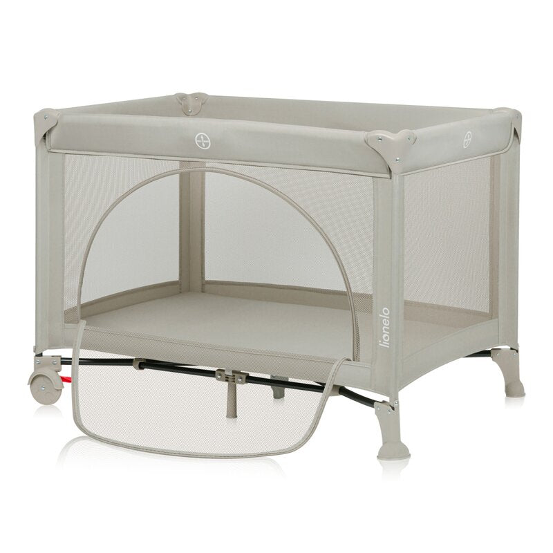 Patut pliant, Lionelo, Laura, 102 x 74 cm, Cu doua nivele, Functie de tarc, Cu roti, Include salteluta si geanta de transport, Pereti din plasa, Deschidere laterala, Pana la 15 kg, 0 luni +, Bej