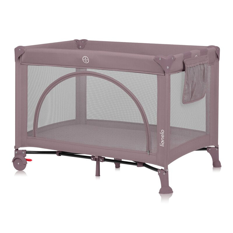Patut pliant, Lionelo, Laura, 102 x 74 cm, Cu doua nivele, Functie de tarc, Cu roti, Include salteluta si geanta de transport, Pereti din plasa, Deschidere laterala, Pana la 15 kg, 0 luni +, Roz