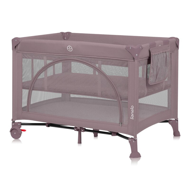 Patut pliant, Lionelo, Laura, 102 x 74 cm, Cu doua nivele, Functie de tarc, Cu roti, Include salteluta si geanta de transport, Pereti din plasa, Deschidere laterala, Pana la 15 kg, 0 luni +, Roz