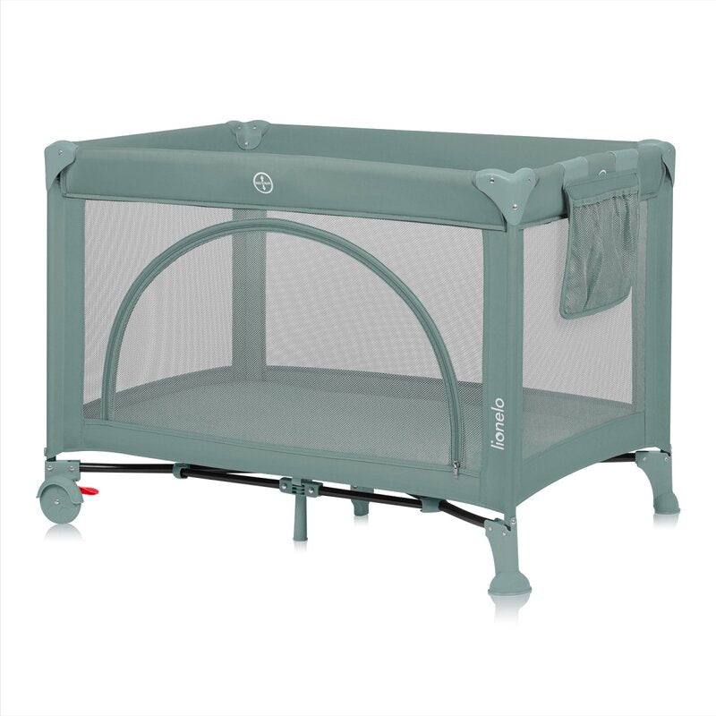 Patut pliant, Lionelo, Laura, 102 x 74 cm, Cu doua nivele, Functie de tarc, Cu roti, Include salteluta si geanta de transport, Pereti din plasa, Deschidere laterala, Pana la 15 kg, 0 luni +, Verde