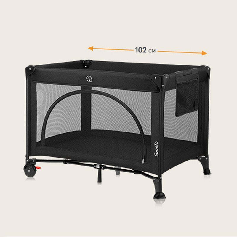 Patut pliant, Lionelo, Laura, 102 x 74 cm, Cu doua nivele, Functie de tarc, Cu roti, Include salteluta si geanta de transport, Pereti din plasa, Deschidere laterala, Pana la 15 kg, 0 luni +, Negru