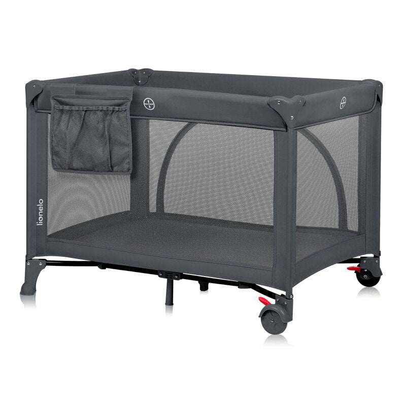 Patut pliant, Lionelo, Laura, 102 x 74 cm, Cu doua nivele, Functie de tarc, Cu roti, Include salteluta si geanta de transport, Pereti din plasa, Deschidere laterala, Pana la 15 kg, 0 luni +, Gri