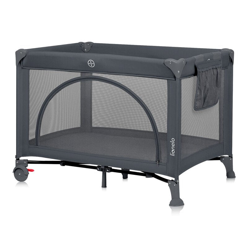 Patut pliant, Lionelo, Laura, 102 x 74 cm, Cu doua nivele, Functie de tarc, Cu roti, Include salteluta si geanta de transport, Pereti din plasa, Deschidere laterala, Pana la 15 kg, 0 luni +, Gri