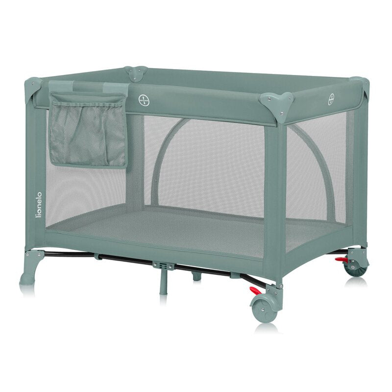 Patut pliant, Lionelo, Laura, 102 x 74 cm, Cu doua nivele, Functie de tarc, Cu roti, Include salteluta si geanta de transport, Pereti din plasa, Deschidere laterala, Pana la 15 kg, 0 luni +, Verde