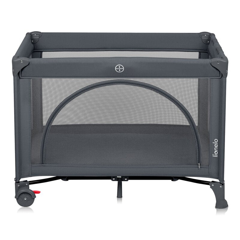 Patut pliant, Lionelo, Laura, 102 x 74 cm, Cu doua nivele, Functie de tarc, Cu roti, Include salteluta si geanta de transport, Pereti din plasa, Deschidere laterala, Pana la 15 kg, 0 luni +, Gri