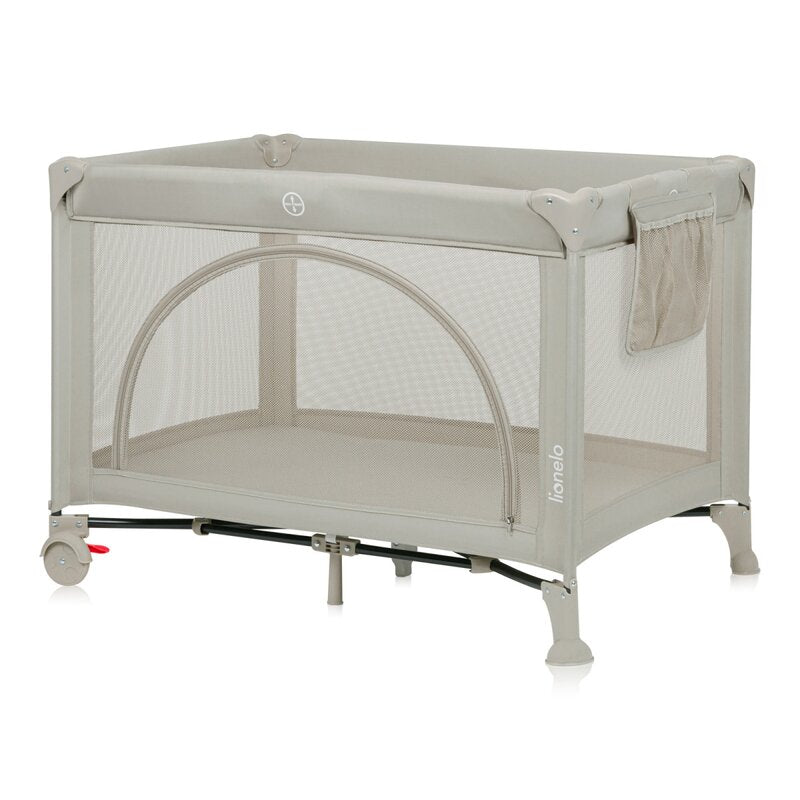 Patut pliant, Lionelo, Laura, 102 x 74 cm, Cu doua nivele, Functie de tarc, Cu roti, Include salteluta si geanta de transport, Pereti din plasa, Deschidere laterala, Pana la 15 kg, 0 luni +, Bej