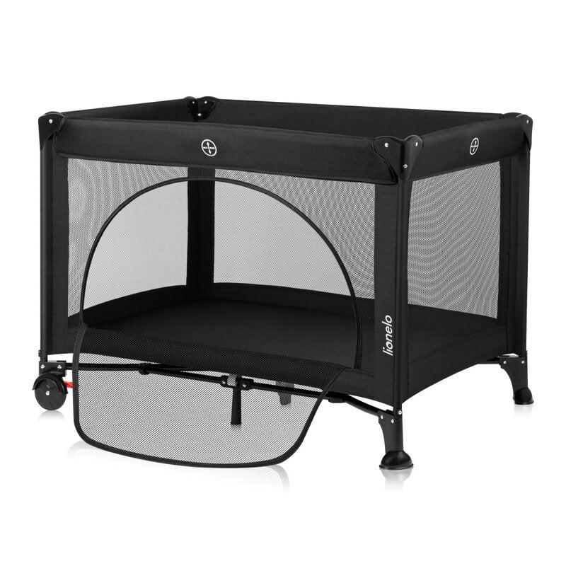 Patut pliant, Lionelo, Laura, 102 x 74 cm, Cu doua nivele, Functie de tarc, Cu roti, Include salteluta si geanta de transport, Pereti din plasa, Deschidere laterala, Pana la 15 kg, 0 luni +, Negru