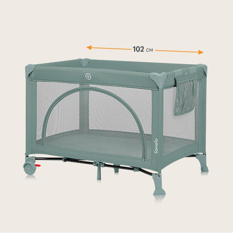 Patut pliant, Lionelo, Laura, 102 x 74 cm, Cu doua nivele, Functie de tarc, Cu roti, Include salteluta si geanta de transport, Pereti din plasa, Deschidere laterala, Pana la 15 kg, 0 luni +, Verde