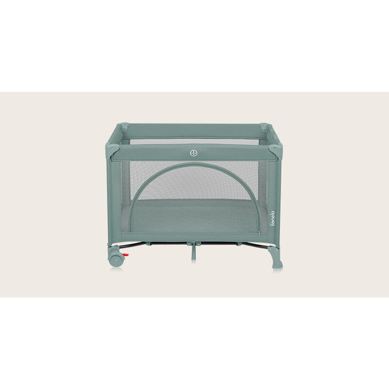 Patut pliant, Lionelo, Laura, 102 x 74 cm, Cu doua nivele, Functie de tarc, Cu roti, Include salteluta si geanta de transport, Pereti din plasa, Deschidere laterala, Pana la 15 kg, 0 luni +, Verde