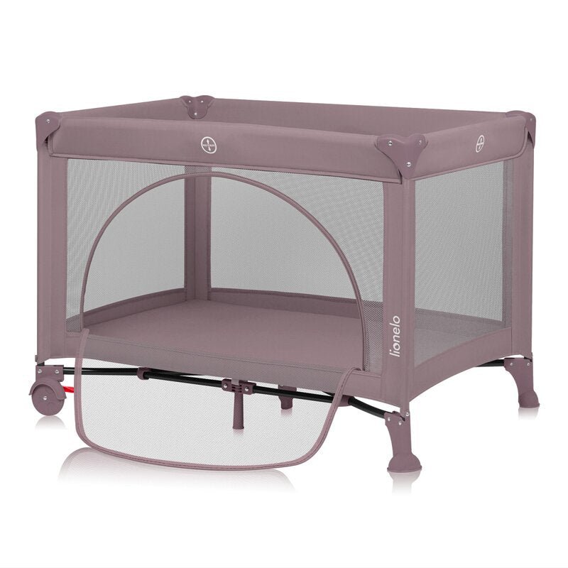 Patut pliant, Lionelo, Laura, 102 x 74 cm, Cu doua nivele, Functie de tarc, Cu roti, Include salteluta si geanta de transport, Pereti din plasa, Deschidere laterala, Pana la 15 kg, 0 luni +, Roz
