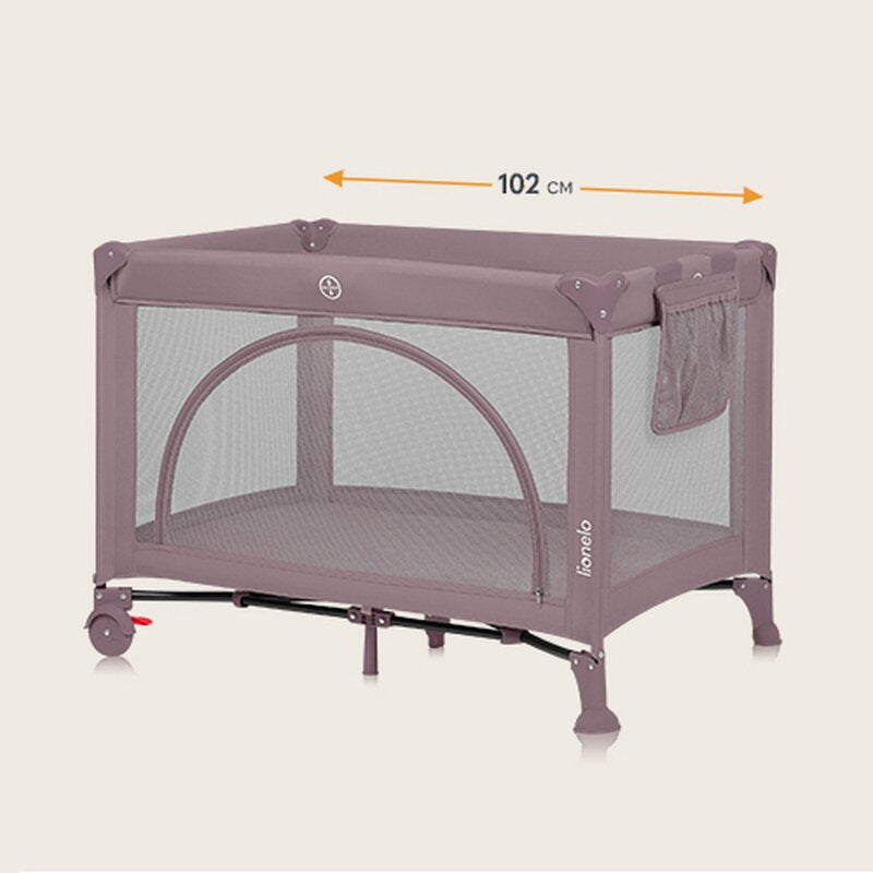 Patut pliant, Lionelo, Laura, 102 x 74 cm, Cu doua nivele, Functie de tarc, Cu roti, Include salteluta si geanta de transport, Pereti din plasa, Deschidere laterala, Pana la 15 kg, 0 luni +, Roz