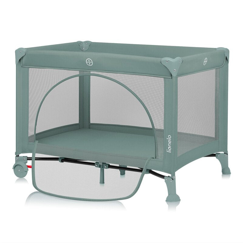 Patut pliant, Lionelo, Laura, 102 x 74 cm, Cu doua nivele, Functie de tarc, Cu roti, Include salteluta si geanta de transport, Pereti din plasa, Deschidere laterala, Pana la 15 kg, 0 luni +, Verde