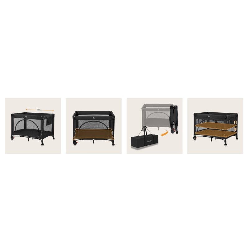 Patut pliant, Lionelo, Laura, 102 x 74 cm, Cu doua nivele, Functie de tarc, Cu roti, Include salteluta si geanta de transport, Pereti din plasa, Deschidere laterala, Pana la 15 kg, 0 luni +, Negru