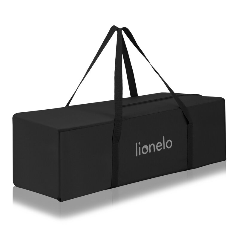 Patut pliant, Lionelo, Laura, 102 x 74 cm, Cu doua nivele, Functie de tarc, Cu roti, Include salteluta si geanta de transport, Pereti din plasa, Deschidere laterala, Pana la 15 kg, 0 luni +, Negru