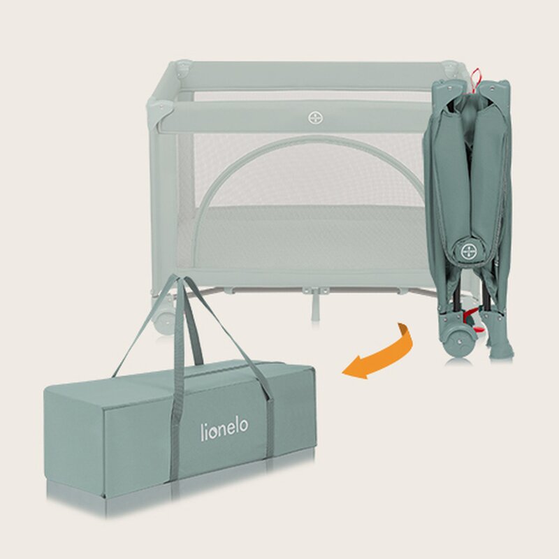 Patut pliant, Lionelo, Laura, 102 x 74 cm, Cu doua nivele, Functie de tarc, Cu roti, Include salteluta si geanta de transport, Pereti din plasa, Deschidere laterala, Pana la 15 kg, 0 luni +, Verde