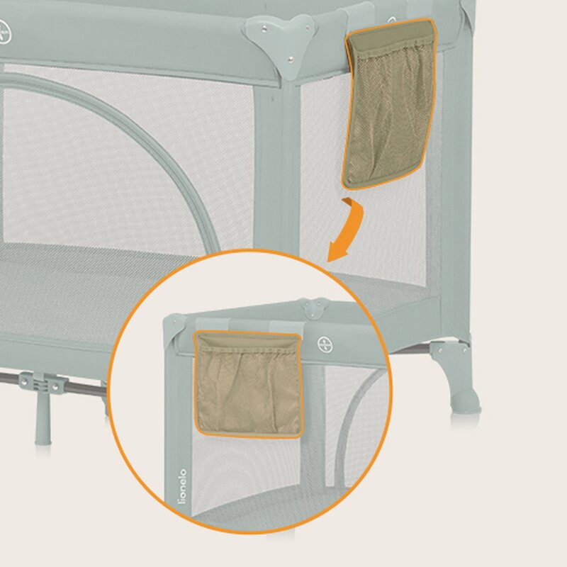 Patut pliant, Lionelo, Laura, 102 x 74 cm, Cu doua nivele, Functie de tarc, Cu roti, Include salteluta si geanta de transport, Pereti din plasa, Deschidere laterala, Pana la 15 kg, 0 luni +, Verde