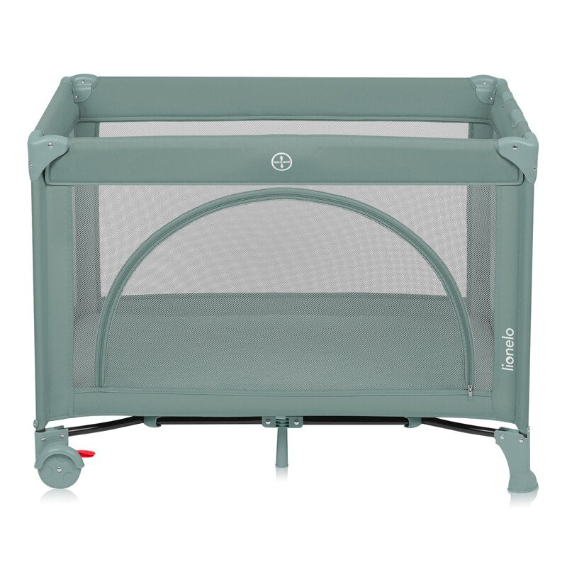 Patut pliant, Lionelo, Laura, 102 x 74 cm, Cu doua nivele, Functie de tarc, Cu roti, Include salteluta si geanta de transport, Pereti din plasa, Deschidere laterala, Pana la 15 kg, 0 luni +, Verde
