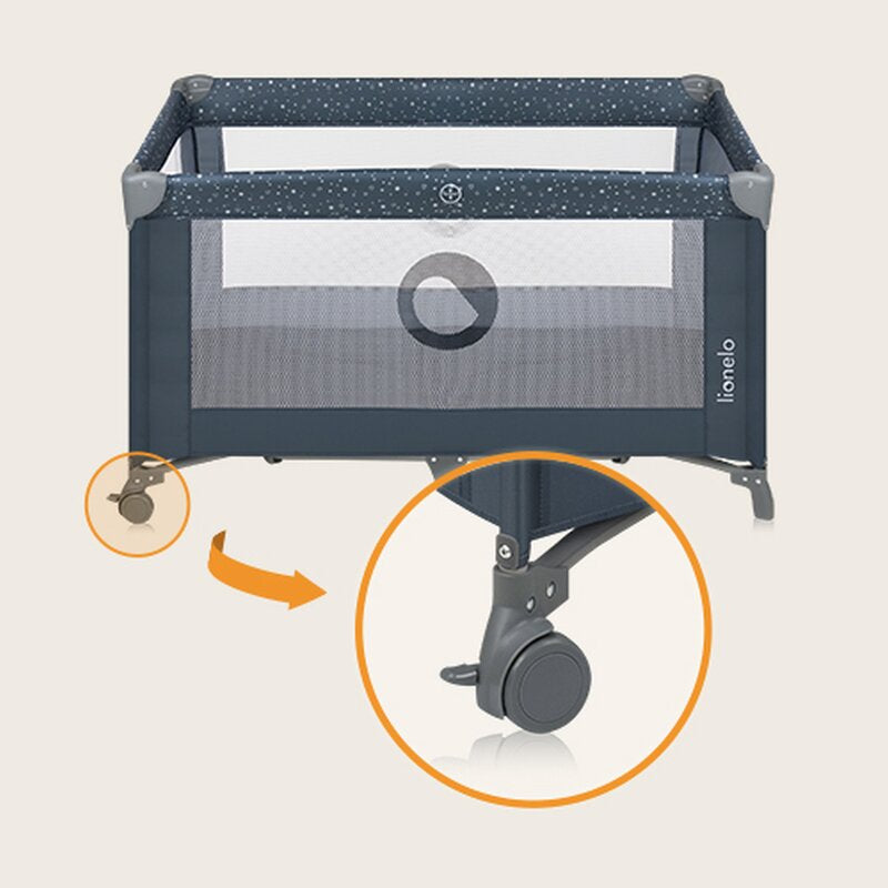 Patut pliant, Lionelo, Stefi, Cu un nivel, Cu intrare laterala cu fermoar, 2 roti, 120x60 cm, Conform cu standardul european de securitate EN 716, Albastru