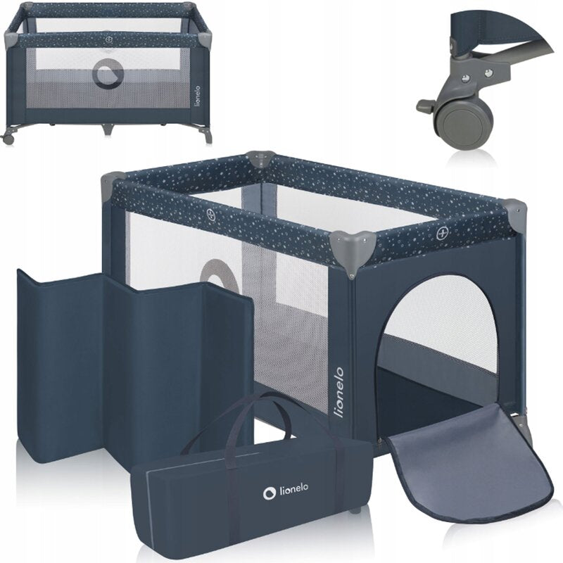 Patut pliant, Lionelo, Stefi, Cu un nivel, Cu intrare laterala cu fermoar, 2 roti, 120x60 cm, Conform cu standardul european de securitate EN 716, Albastru