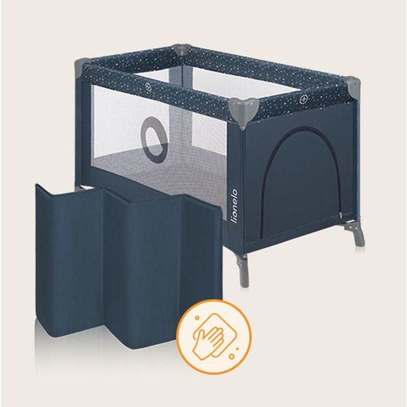 Patut pliant, Lionelo, Stefi, Cu un nivel, Cu intrare laterala cu fermoar, 2 roti, 120x60 cm, Conform cu standardul european de securitate EN 716, Albastru