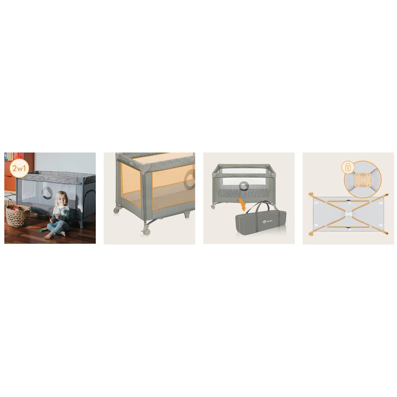 Patut pliant, Lionelo, Stefi, Cu un nivel, Cu intrare laterala cu fermoar, 2 roti, 120x60 cm, Conform cu standardul european de securitate EN 716, Bej