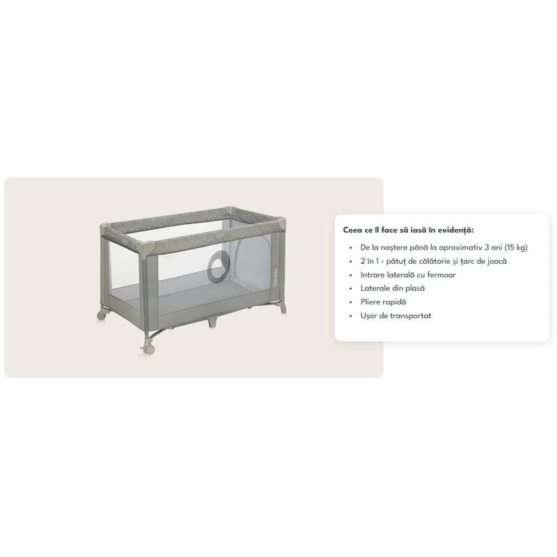 Patut pliant, Lionelo, Stefi, Cu un nivel, Cu intrare laterala cu fermoar, 2 roti, 120x60 cm, Conform cu standardul european de securitate EN 716, Bej