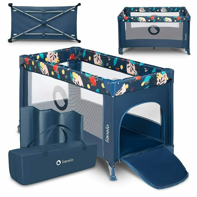 Patut pliant, Lionelo, Stefi, Cu un nivel, Cu intrare laterala cu fermoar, 2 roti, 120x60 cm, Conform cu standardul european de securitate EN 716, Blue Navy