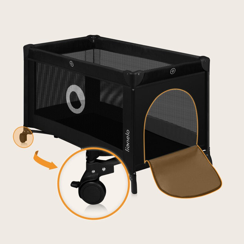 Patut pliant, Lionelo, Stefi, Cu un nivel, Cu intrare laterala cu fermoar, 2 roti, 120x60 cm, Conform cu standardul european de securitate EN 716, Negru