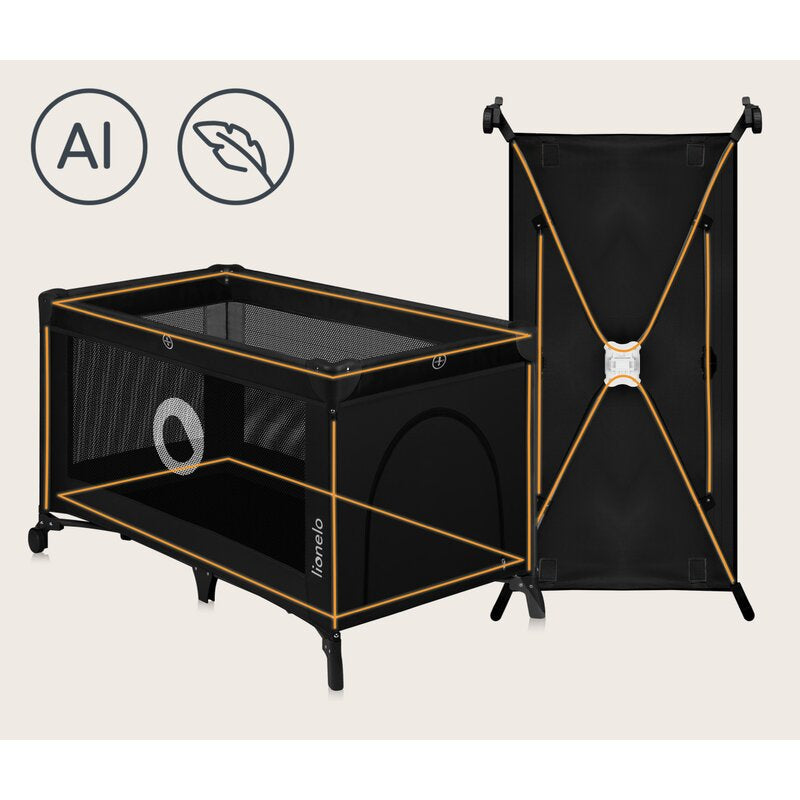 Patut pliant, Lionelo, Stefi, Cu un nivel, Cu intrare laterala cu fermoar, 2 roti, 120x60 cm, Conform cu standardul european de securitate EN 716, Negru