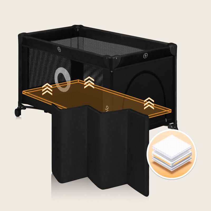 Patut pliant, Lionelo, Stefi, Cu un nivel, Cu intrare laterala cu fermoar, 2 roti, 120x60 cm, Conform cu standardul european de securitate EN 716, Negru