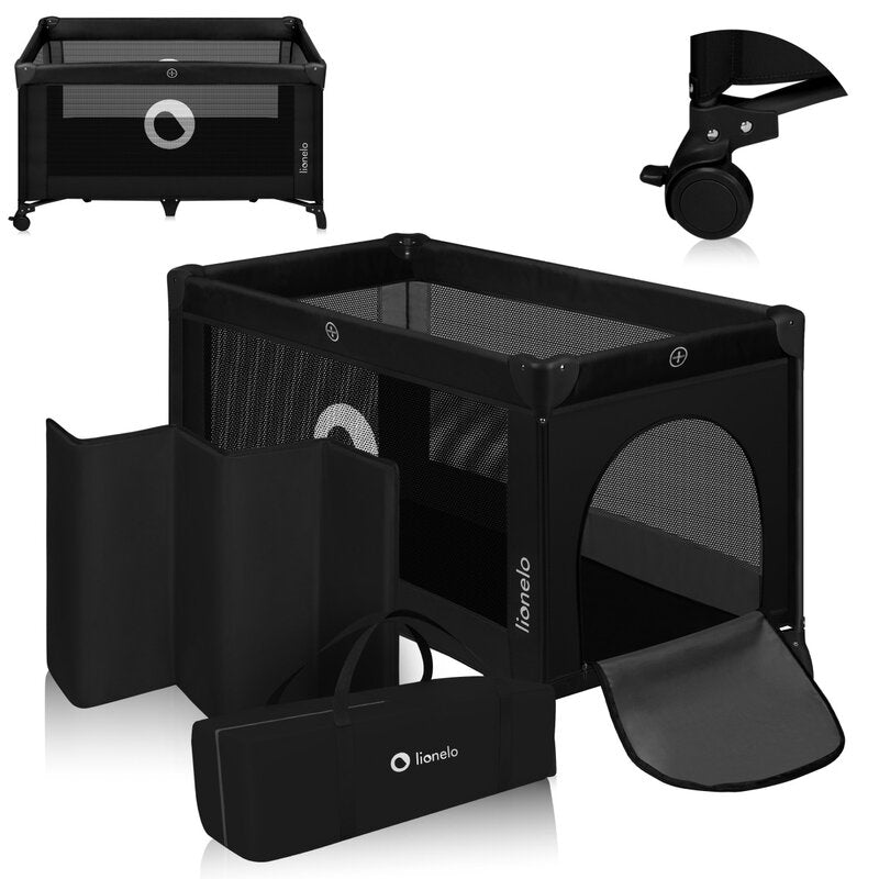 Patut pliant, Lionelo, Stefi, Cu un nivel, Cu intrare laterala cu fermoar, 2 roti, 120x60 cm, Conform cu standardul european de securitate EN 716, Negru