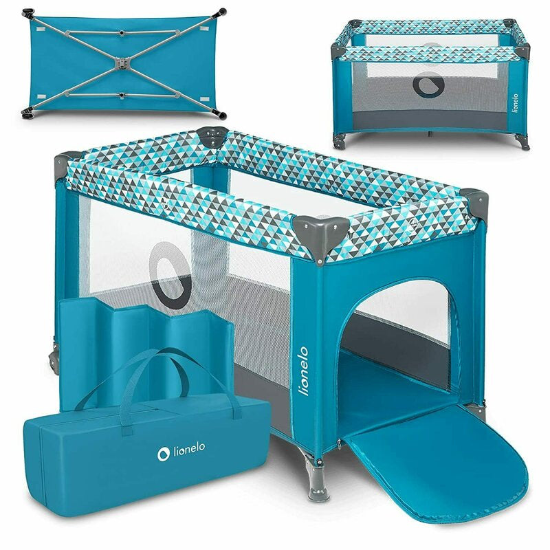 Patut pliant, Lionelo, Stefi, Cu un nivel, Cu intrare laterala cu fermoar, 2 roti, 120x60 cm, Conform cu standardul european de securitate EN 716, Turquoise