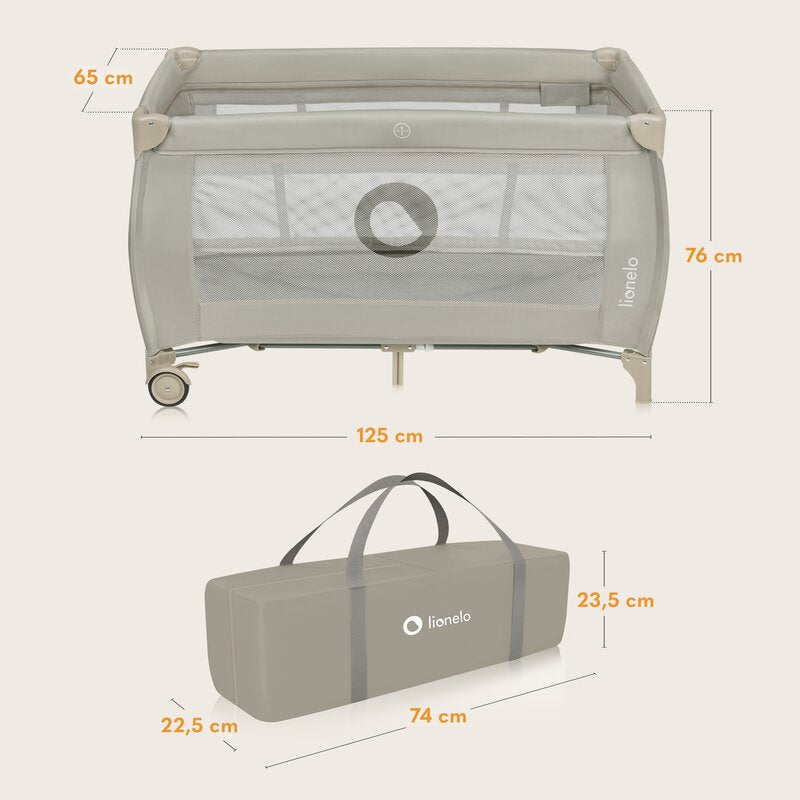 Patut pliant, Lionelo, Stefi Plus, Cu doua nivele, Cu intrare laterala cu fermoar, 2 roti, 120 x 60 cm, Conform cu standardul european de securitate EN 716, Bej