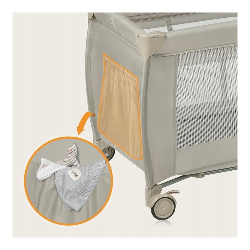 Patut pliant, Lionelo, Stefi Plus, Cu doua nivele, Cu intrare laterala cu fermoar, 2 roti, 120 x 60 cm, Conform cu standardul european de securitate EN 716, Bej
