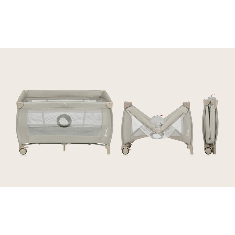 Patut pliant, Lionelo, Stefi Plus, Cu doua nivele, Cu intrare laterala cu fermoar, 2 roti, 120 x 60 cm, Conform cu standardul european de securitate EN 716, Bej