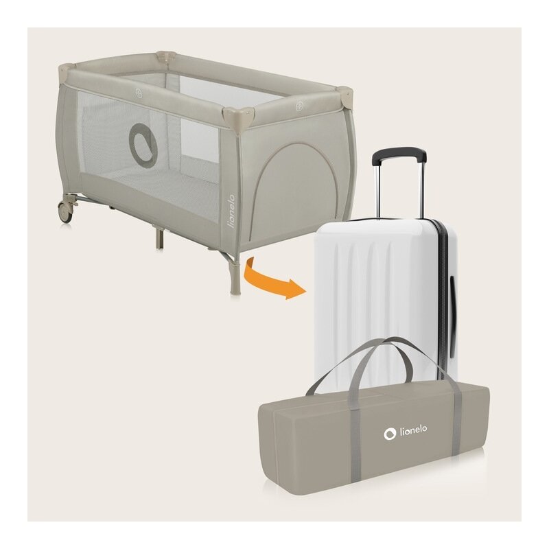 Patut pliant, Lionelo, Stefi Plus, Cu doua nivele, Cu intrare laterala cu fermoar, 2 roti, 120 x 60 cm, Conform cu standardul european de securitate EN 716, Bej