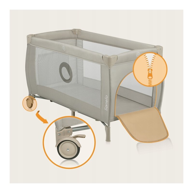 Patut pliant, Lionelo, Stefi Plus, Cu doua nivele, Cu intrare laterala cu fermoar, 2 roti, 120 x 60 cm, Conform cu standardul european de securitate EN 716, Bej