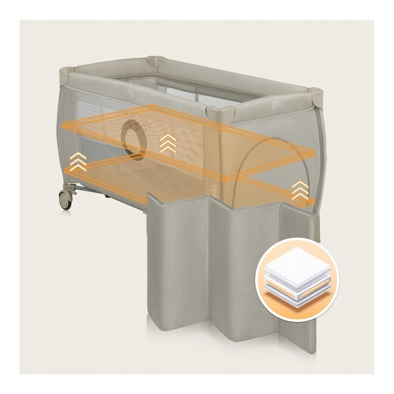Patut pliant, Lionelo, Stefi Plus, Cu doua nivele, Cu intrare laterala cu fermoar, 2 roti, 120 x 60 cm, Conform cu standardul european de securitate EN 716, Bej