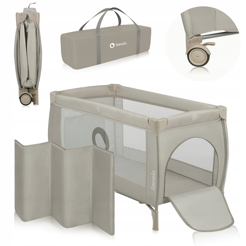 Patut pliant, Lionelo, Stefi Plus, Cu doua nivele, Cu intrare laterala cu fermoar, 2 roti, 120 x 60 cm, Conform cu standardul european de securitate EN 716, Bej