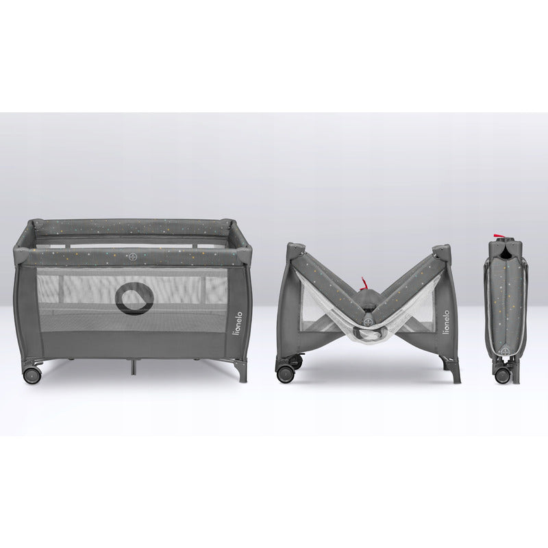 Patut pliant, Lionelo, Stefi Plus, Cu doua nivele, Cu intrare laterala cu fermoar, 2 roti, 120 x 60 cm, Conform cu standardul european de securitate EN 716, Gri  Multicolor