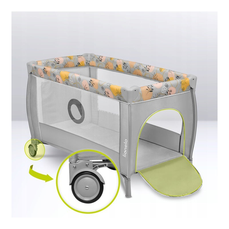 Patut pliant, Lionelo, Stefi Plus, Cu doua nivele, Cu intrare laterala cu fermoar, 2 roti, 120 x 60 cm, Conform cu standardul european de securitate EN 716, Roz/Galben