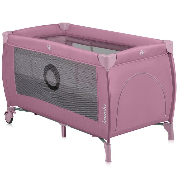 Patut pliant, Lionelo, Stefi Plus, Cu doua nivele, Cu intrare laterala cu fermoar, 2 roti, 120 x 60 cm, Conform cu standardul european de securitate EN 716, Roz