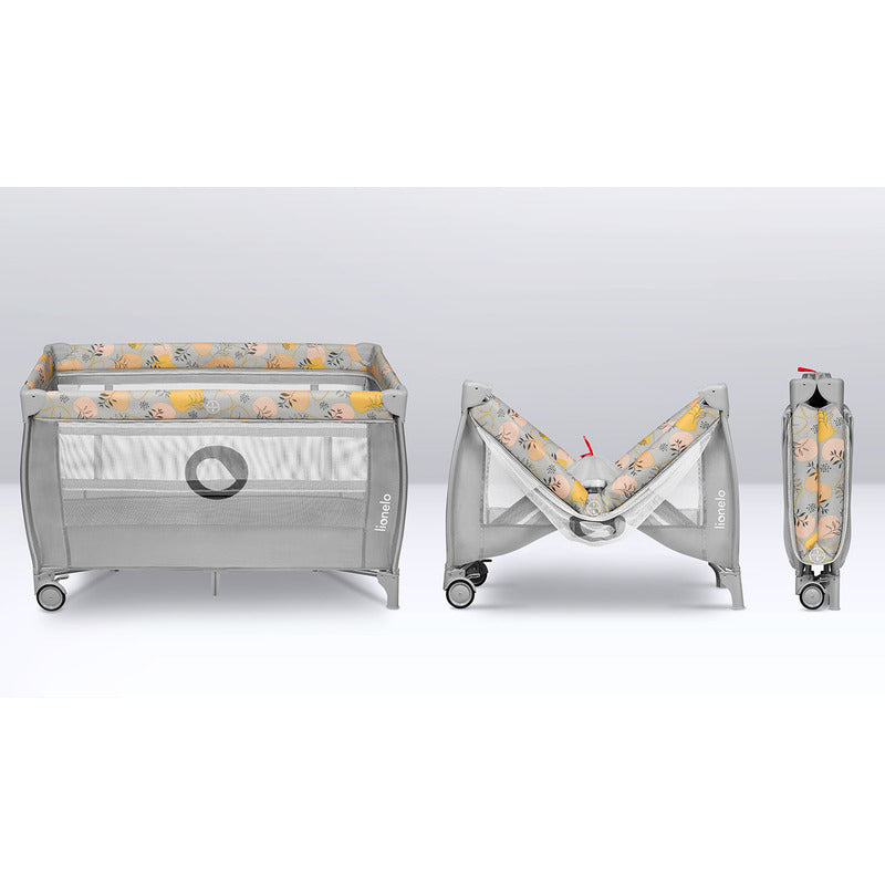 Patut pliant, Lionelo, Stefi Plus, Cu doua nivele, Cu intrare laterala cu fermoar, 2 roti, 120 x 60 cm, Conform cu standardul european de securitate EN 716, Roz/Galben