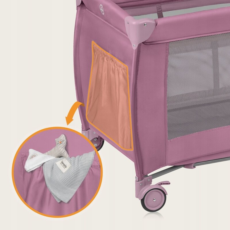 Patut pliant, Lionelo, Stefi Plus, Cu doua nivele, Cu intrare laterala cu fermoar, 2 roti, 120 x 60 cm, Conform cu standardul european de securitate EN 716, Roz