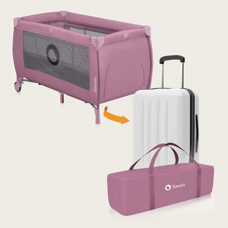 Patut pliant, Lionelo, Stefi Plus, Cu doua nivele, Cu intrare laterala cu fermoar, 2 roti, 120 x 60 cm, Conform cu standardul european de securitate EN 716, Roz