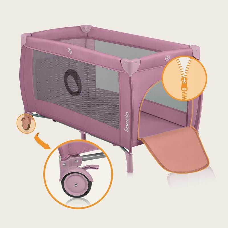 Patut pliant, Lionelo, Stefi Plus, Cu doua nivele, Cu intrare laterala cu fermoar, 2 roti, 120 x 60 cm, Conform cu standardul european de securitate EN 716, Roz