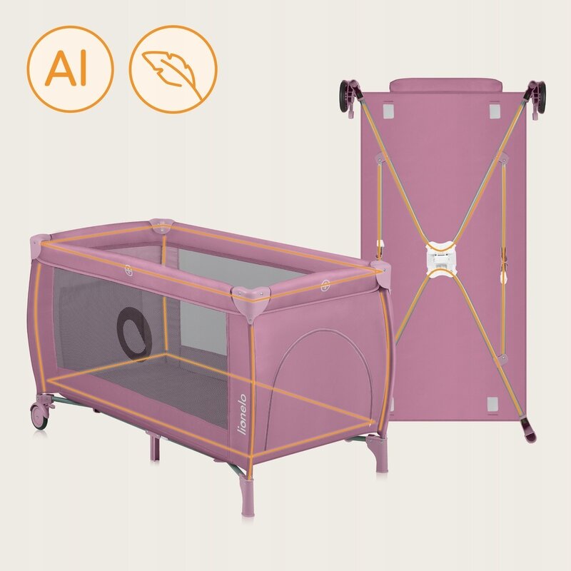 Patut pliant, Lionelo, Stefi Plus, Cu doua nivele, Cu intrare laterala cu fermoar, 2 roti, 120 x 60 cm, Conform cu standardul european de securitate EN 716, Roz